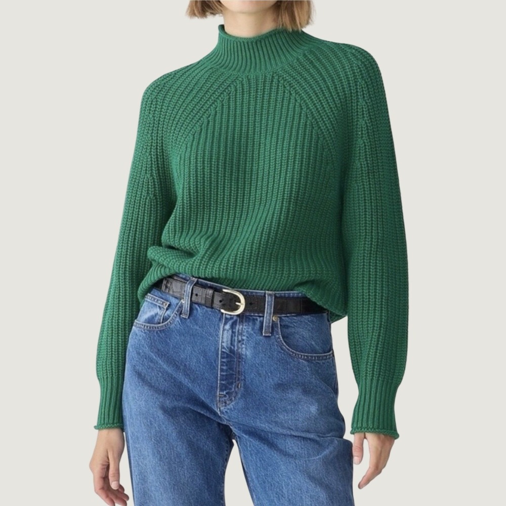 J. CREW Relaxed Rollneck Cotton Sweater Size XS Oversized Cotton JUNGLE GREEN